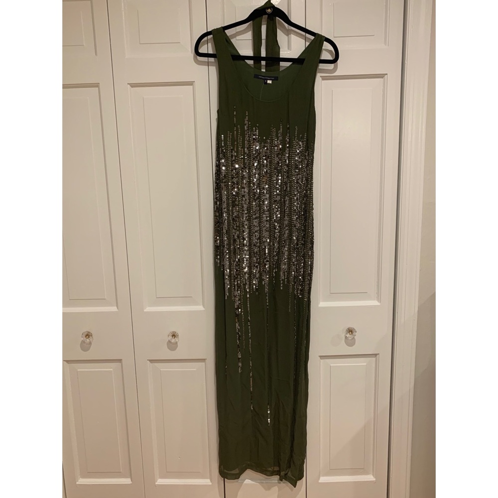 Olive green crepe sequins gown French Connection